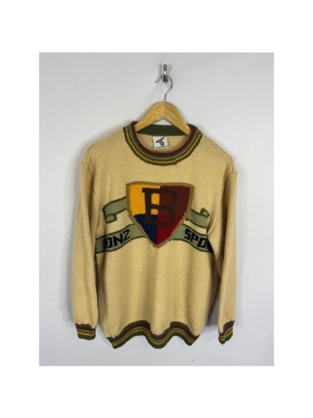 Vintage BONZ Australia Pure New Wool Sweater Knit Crest Shield Pullover Men M